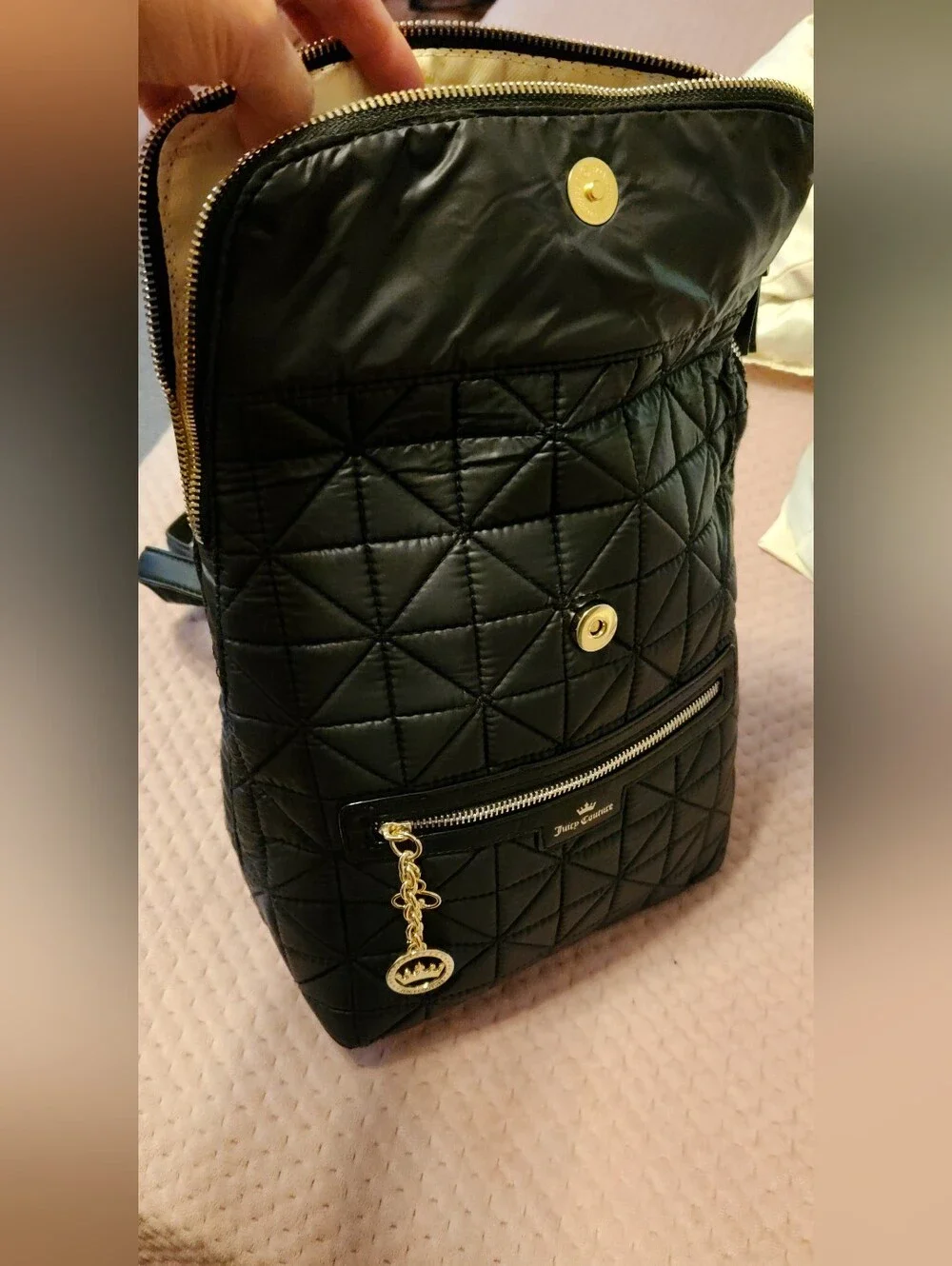 Juicy Couture Black Quilted Small Medium Backpack Purse with Gold Accents